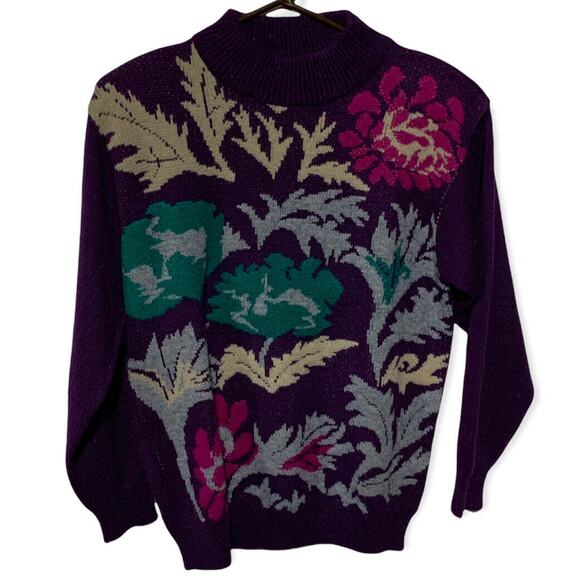Alfred Dunner Vintage Cottage Core Granny Floral Bright Purple Pullover Sweater - Picture 1 of 6